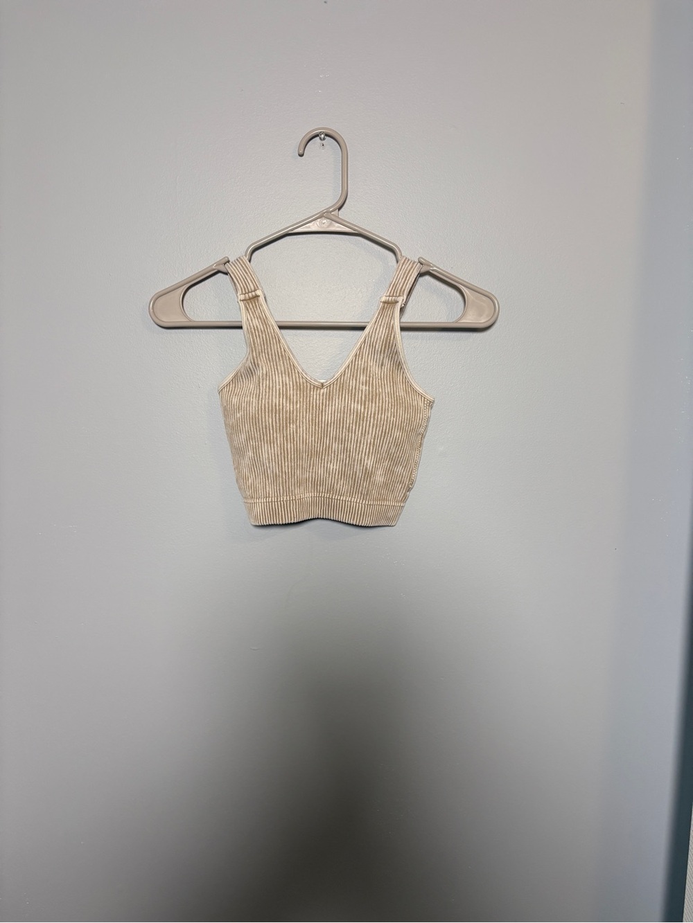 Zenana Outfitters Beige Ribbed V-Neck Crop Top